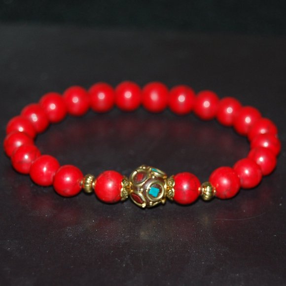 Red Howlite Bracelet,Tibetan Bracelet,Coral Brass focal Charm,8mm Beads - Picture 2 of 3